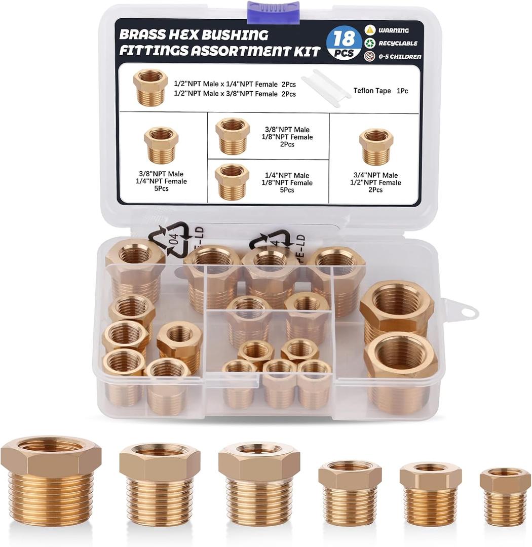 18PCS Brass Hex Bushing Fitting Kit,1/4" - 1/8", 3/8" - 1/8",3/8" - 1/4",1/2" - 1/4",1/2" - 3/8",3/4" - 1/2" NPT Pipe Fittings