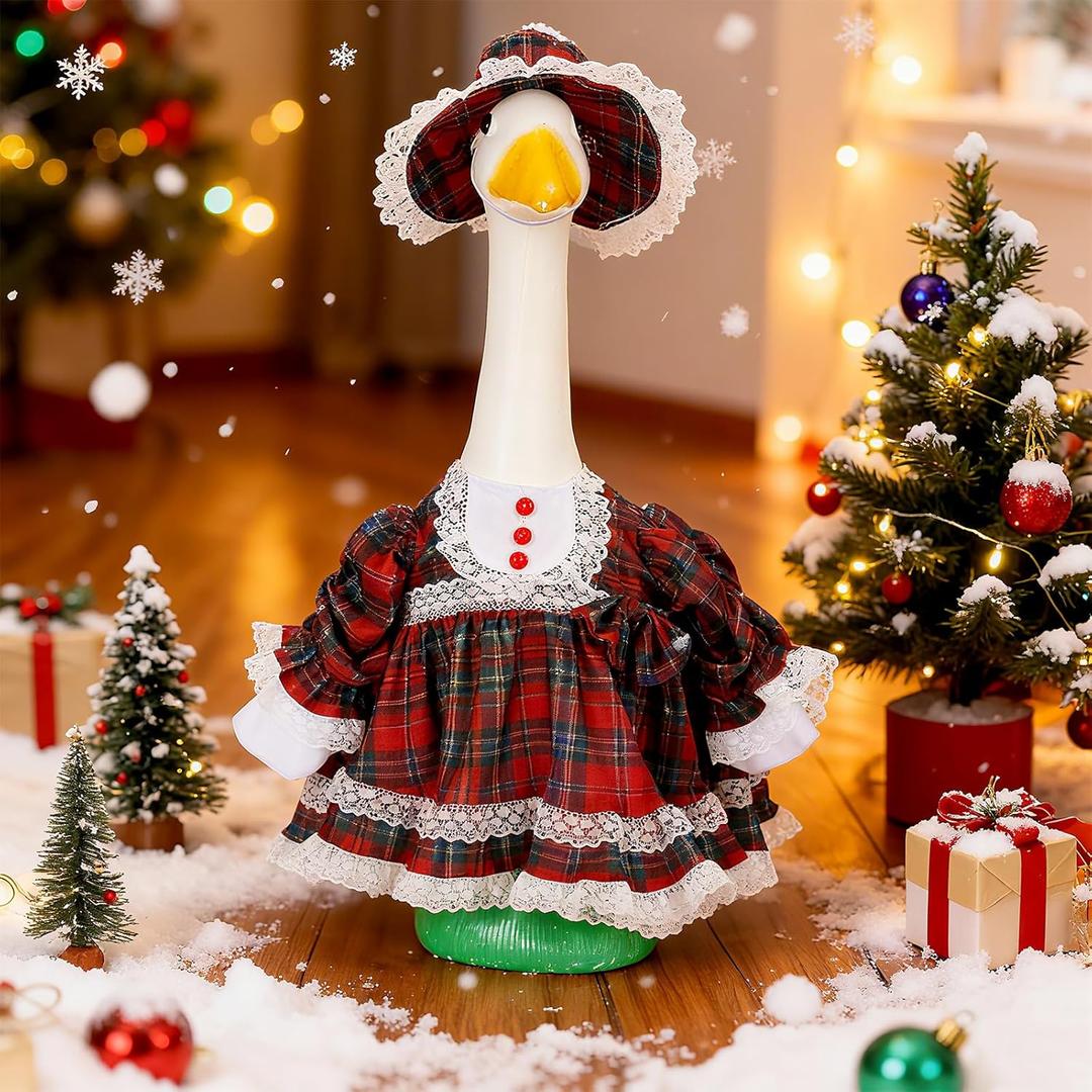 Soulchen 1 Set Christmas Plaid Porch Goose Outfit 23 Inch Xmas Cement Goose Clothes Dress and Hat Costume Set for Holiday Lawn Garden Yard Decor