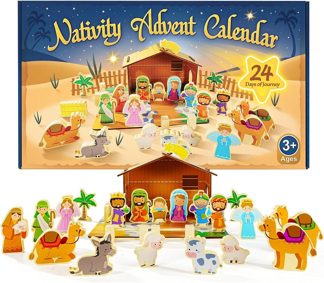 Nativity Advent Calendar for Kids, 24 Day Wooden Nativity Scene for Toddlers with 19 Wooden Figurine and Stable Christian Countdown Gifts for Kids