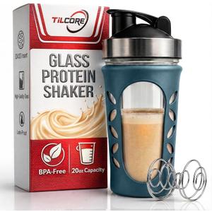 Glass Protein Shaker Bottle for Protein Mixes and Shakes - 635ml 20oz, BPA-Free, Leak-Proof & Durable Glass Shaker Blender - Mixer Bottle for Gym (Blue)
