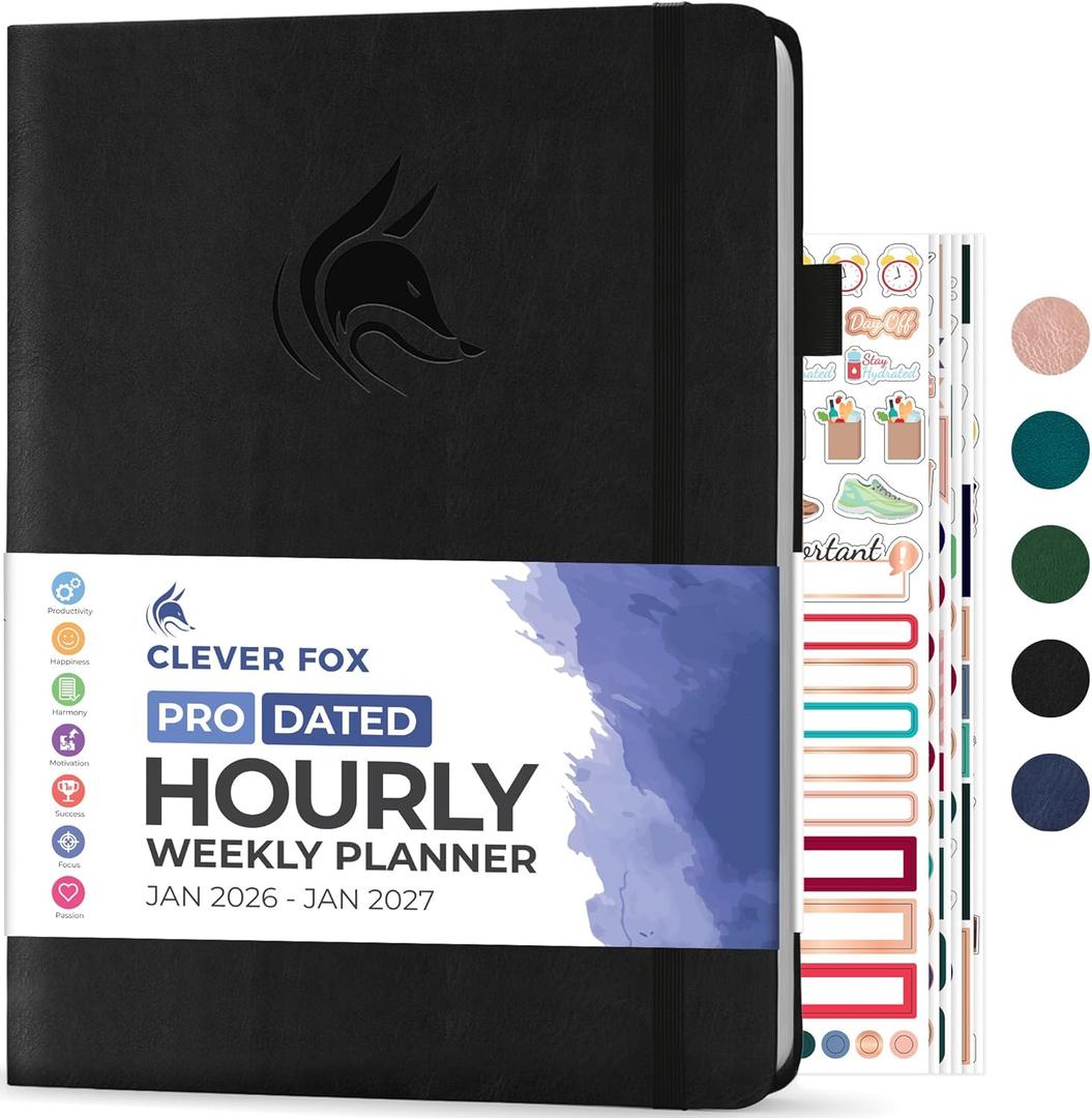 Clever Fox Planner PRO Schedule Dated (Jan 2026Jan 2027) Weekly & Monthly Life Planner with Time Slots, Appointment Book and Daily Organizer to Increase Productivity, A4 Hardcover Black