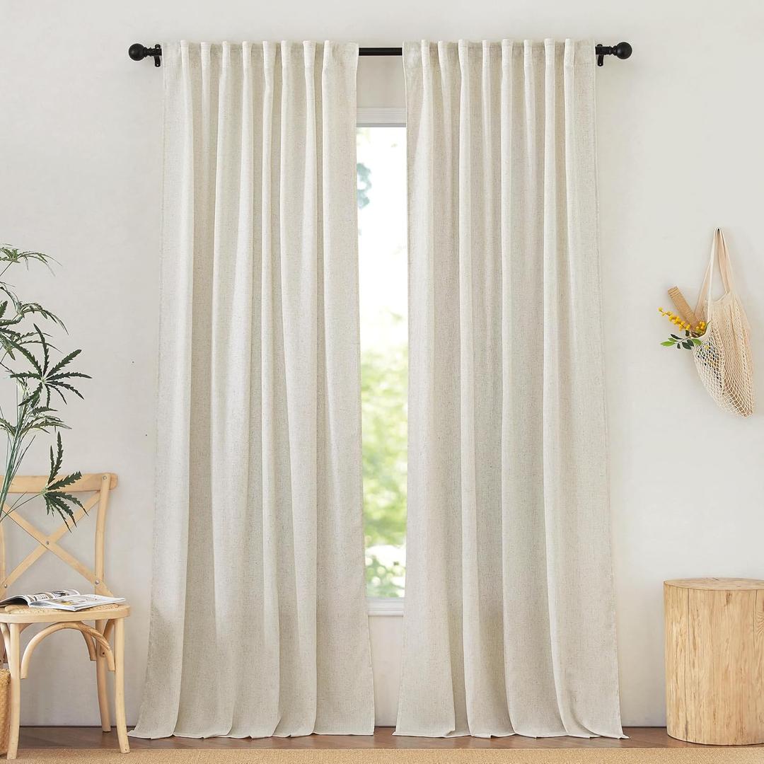 NICETOWN Natural Linen Curtains for Bedroom, Back Tab & Rod Pocket with Pleat Tab Privacy Added Curtains & Drapes with Light Filtering Window Treatments for Living Room, W52 x L95, 2 Panels