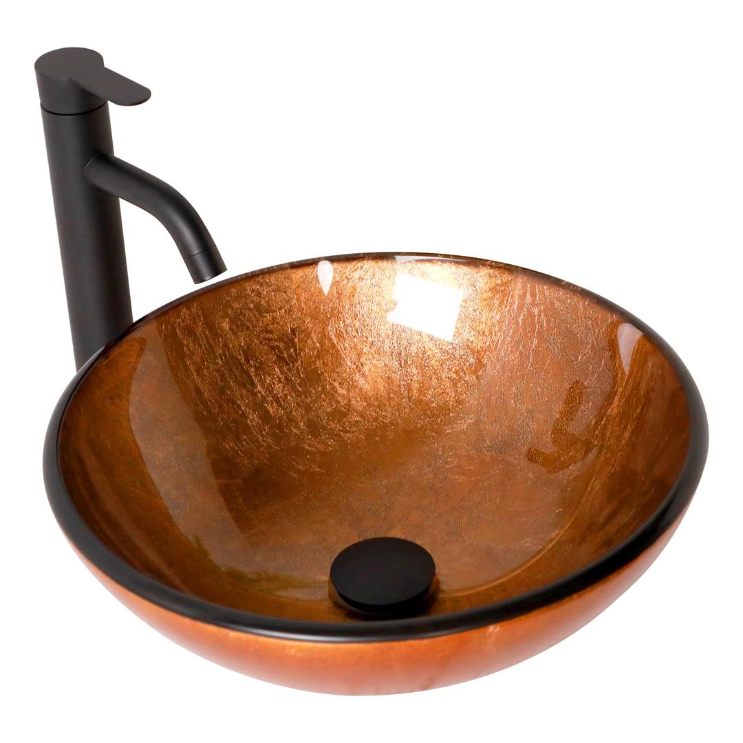 Lofeyo 16'' Small Copper Glass Vessel Sink Orange Sink with Drain Combo 16 Inch Modern Oval Above Counter Bathroom Bowl Vanity Sink Artistic 5 Inch Deep Basin