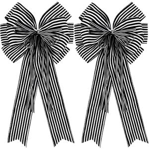 2 Pack Black White Stripe Halloween Fall Bows for Wreaths,12x20Black and White Christmas Decorations Bow for Tree Topper Gothic Spooky Holiday Birthday Party Wall Home Front Door