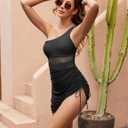 Blooming Jelly Womens One Piece Swim Dress One Shoulder Swimsuit Mesh Slimming Bathing Suit with Skirt Swimwear (Black, S)