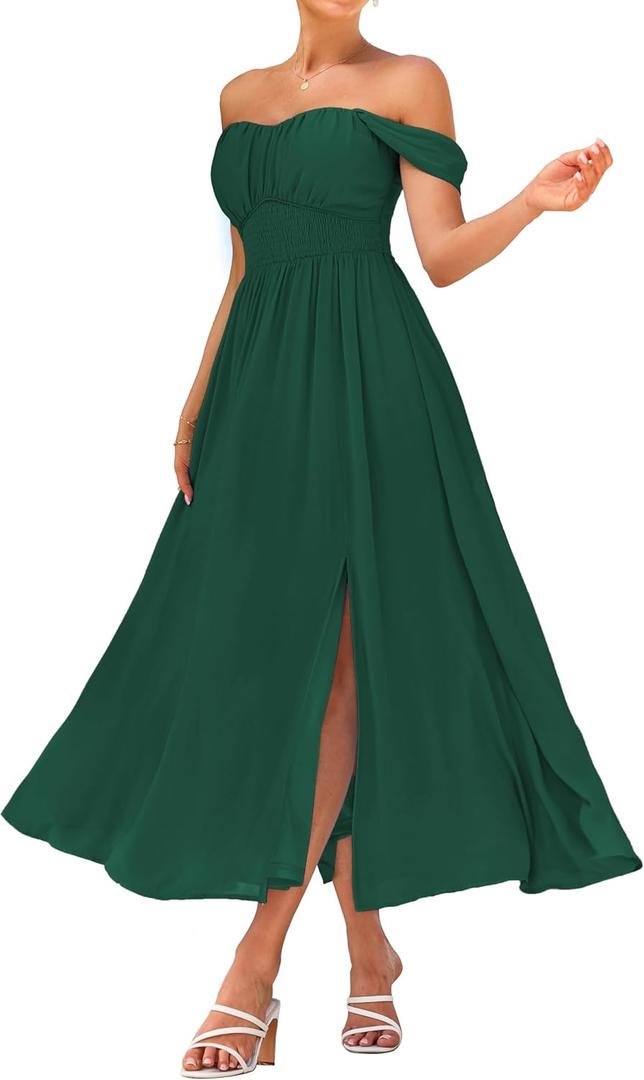GRACE KARIN 2026 Women's Summer Floral Wedding Guest Dress,Beach Flowy A Line Maxi Off Shoulder Bridesmaid Dresses (Green, XXL)