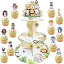 3-Tier Cupcake Stand with 24 Wild One Cupcake Toppers for Safari Baby Shower Decoration