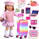 27 PCS American 18-inch-Doll-Clothes and Accessories-Travel-Suitcase Luggage, Clothes and Shoes, Bag, Sunglasses, Camera, Passport, Notebook, Phone, pad Travel Gear Play Set Fit (No Doll)