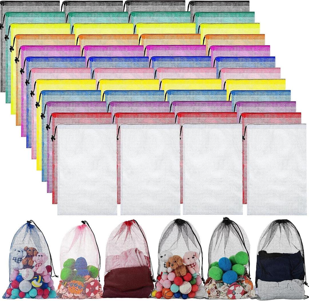 48 Pcs Mesh Laundry Bags Mesh Drawstring Toy Storage Bags, 18 x 12 Inch Drawstring Gym Storage Nylon Stuff Sack Ball Organize for Travel Toy Sports(Vivid Color)