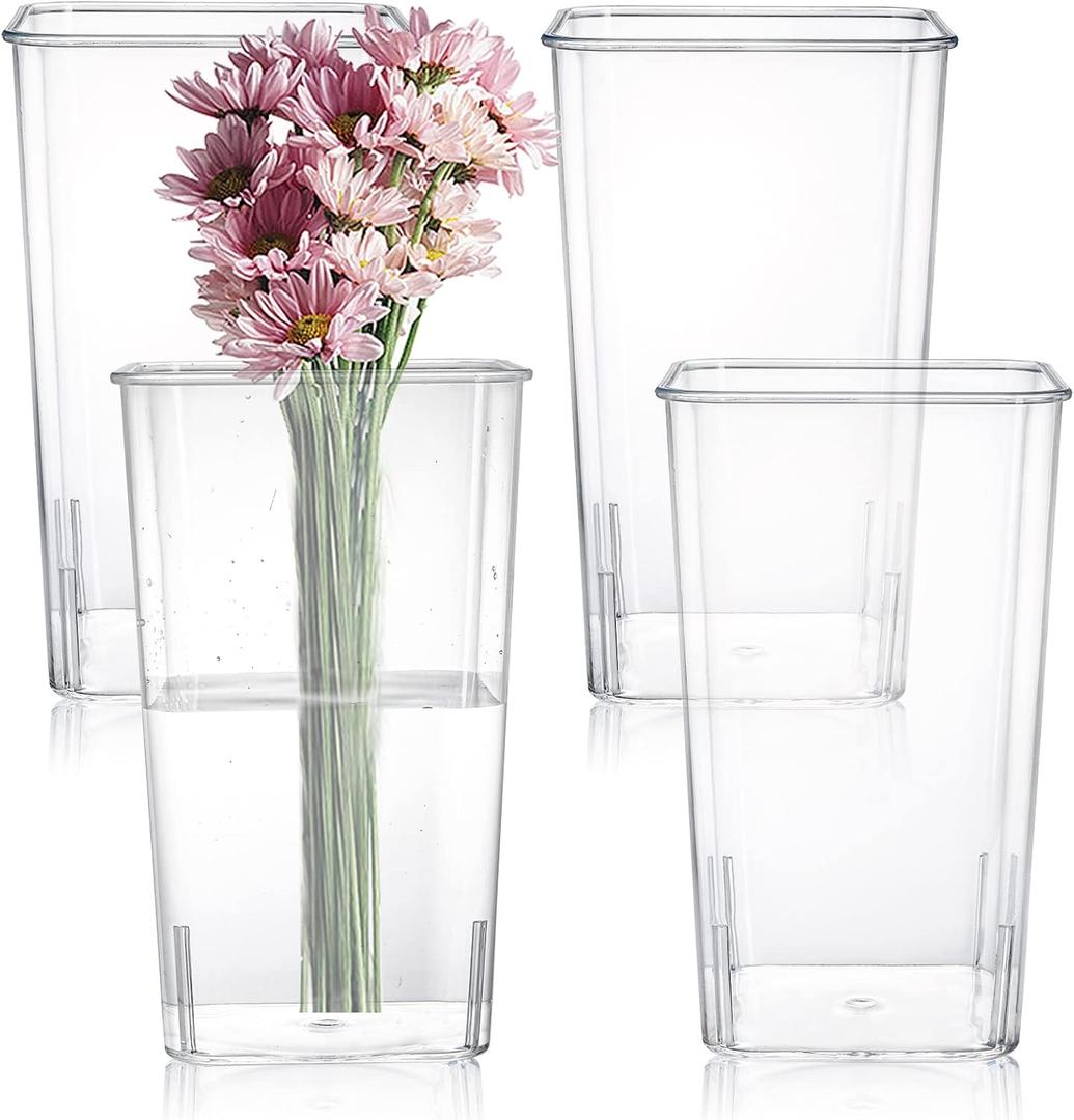 Suwimut 4 Pack Plastic Flower Vase Centerpiece for Home, Wedding Party, Clear Tall Square Tapered Vase for Flowers, Non Breakable Acrylic Flower Vases for Home Office Decor, 5.5 x 9 Inch (Not Glass)