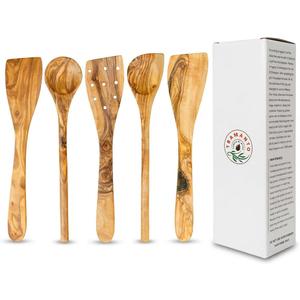 Tramanto Olive Wood Utensil Set - 5 Piece Spatula and Spoon Wooden Cooking Tools, 12 Inch Long, Rustic Hand Made with Gift Box