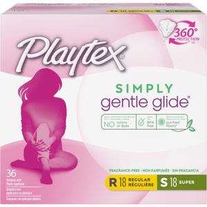 Playtex Simply Gentle Glide Tampons, Multipack (18ct Regular/18ct Super Absorbency), Fragrance-Free - 36ct