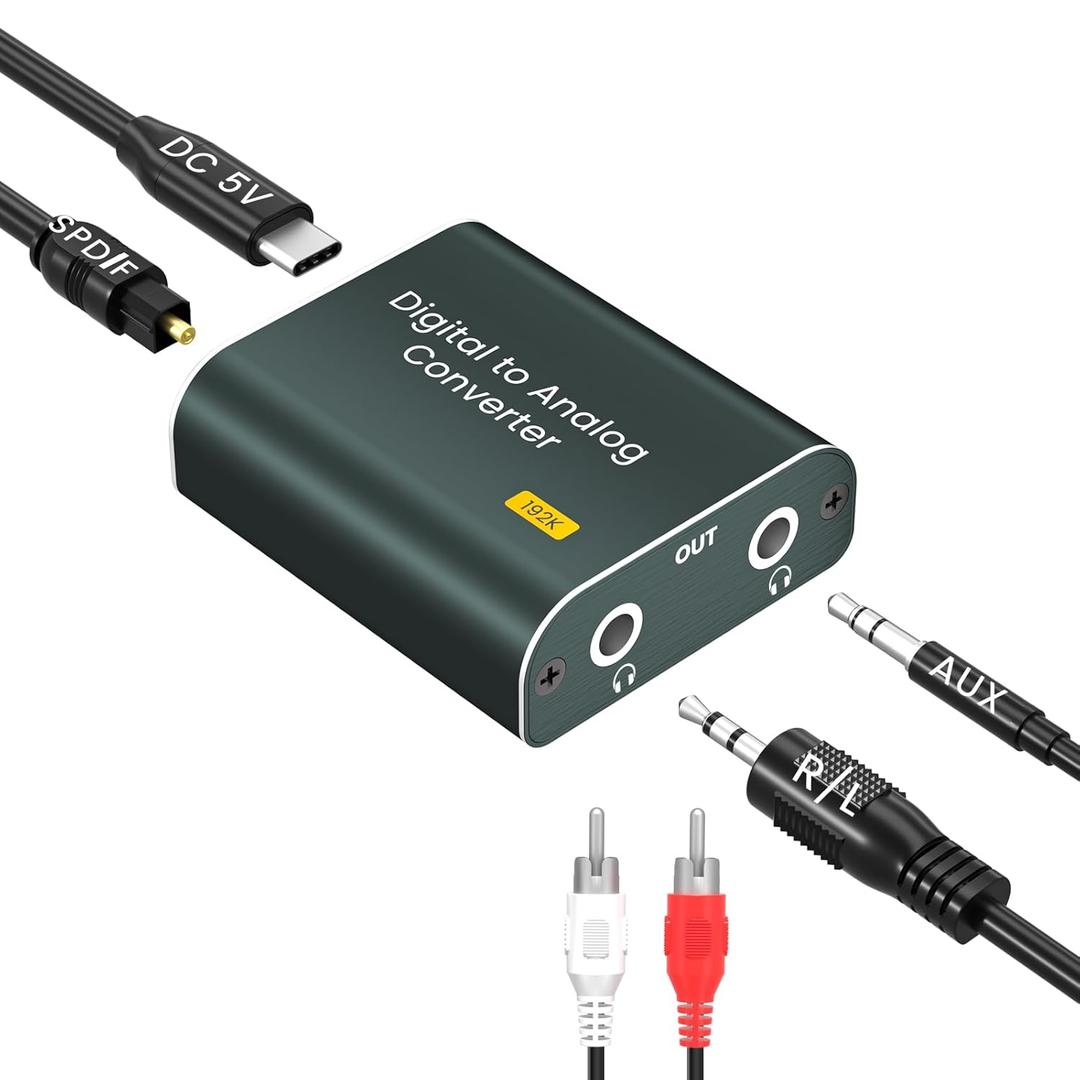 Digital to Analog Audio Converter,192kHz DAC Converter Digital Optical to Dual Analog 3.5mm AUX Audio Adapter with Optical Cable 3.5 Audio Cable and 3.5 to RCA Cable