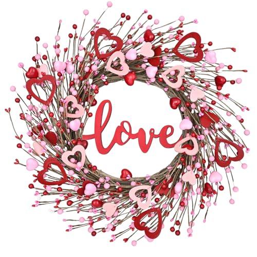 Waipfaru 20in Valentines Wreaths for Front Door, Valentine Wreath with Love Sign, Wreath with Red Wooden Heart Berries, Valentines Day Decorations