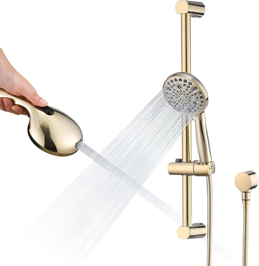 Hand Shower with Slide Bar, High Pressure 10 Setting Handheld Shower Head, Adjustable Height 24" Slide Bar, Wall Supply Elbow and 6.6ft Extra Long Shower Hose - Gold Hand Shower with Slide Bar, High Pressure 10 Setting Handheld Shower Head, Adjustable Height 24" Slide Bar, Wall Supply Elbow and 6.6ft Extra Long Shower Hose - Gold