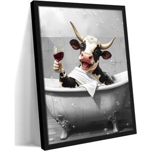 Funny Bathroom Wall Art, Black and White Cow Canvas Wall Decor Painting, Modern Rustic Farmhouse Humor Animal Artwork Prints Pictures for Restroom Bathroom 12x16 Inch Black Framed