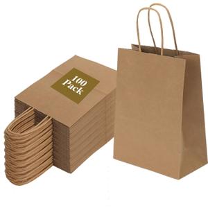 Joybe 100 Pack 5.95x3.25x8 Inch Small Brown Paper Bags with Handles Bulk, Kraft Paper Gift Bags for Birthday Party Favors Grocery Retail Shopping Business Goody Craft Sacks (Plain Natural, 100pcs)