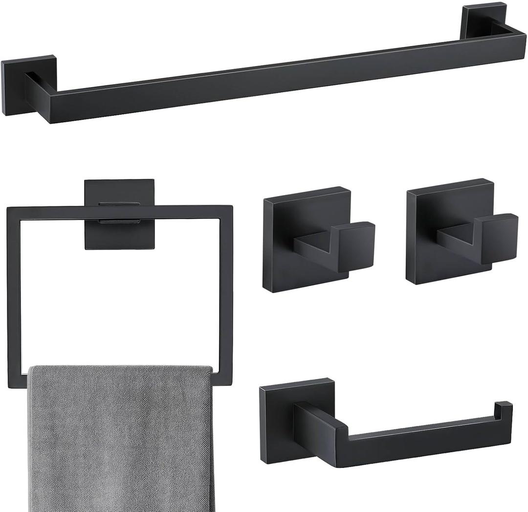 5 Pieces Bathroom Hardware Accessories Set Matte Black Towel Bar Set Towel Holder Racks Set for Bathroom,SUS304 Stainless Steel,Wall Mounted 23.6-Inch