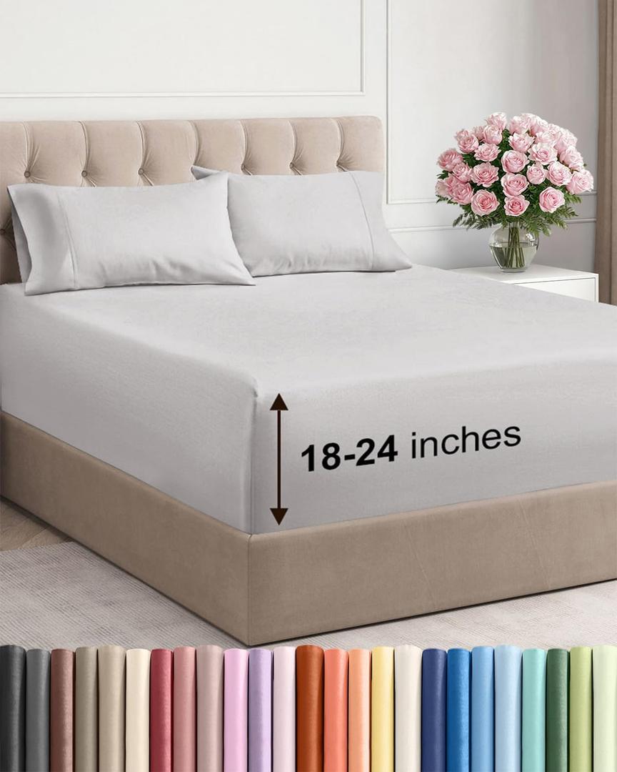 Extra Deep Queen Sheet Set - 4 Piece Breathable & Cooling Bed Sheets - Easily Fits 18 to 24 inch Mattress - Ultra Soft, Wrinkle & Fade Free w/ Extra Deep Pockets - Hotel Luxury Bedding - French Grey