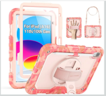 SEYMAC Case for iPad (A16) 11th/10th Generation 2025/2022 (11″/10.9″), Heavy Duty Full-Body Shockproof Protective Case with Screen Protector, Rotating Stand, Hand/Shoulder Strap, Multicolor/Pink