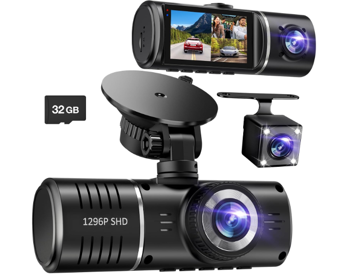 Dash Cam Front and Rear, 1296P Dash Camera for Cars, 3 Channel Car Camera Front Rear and Inside with 32GB Card, Loop Recording, Night Vision, HDR, 24Hr Parking, G-Sensor