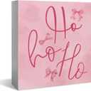 Pink Bow Christmas Wooden Box SignHO HO HOPink Christmas Decorations, Christmas Office Decorations for Work Desk, Christmas Gifts for Women 5x5 Inch