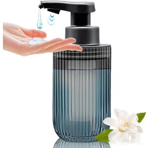 Automatic Touchless Glass Soap Dispenser, Rechargeable Hands Free Ribbed Liquid Soap Dispenser with Chrome-Finished Electric Sensor Pump, Refillable Bottle for Bathroom Kitchen Countertop Gray