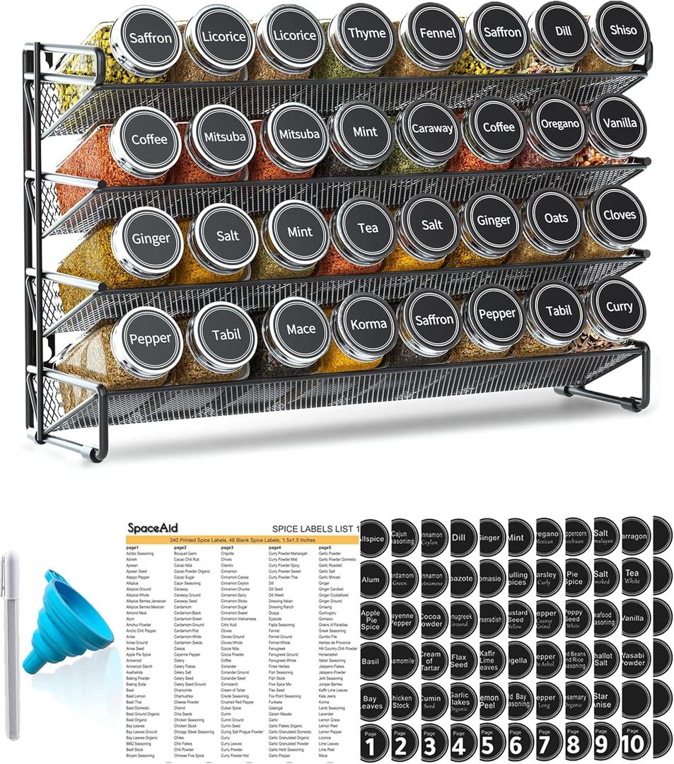 SpaceAid Spice Rack Organizer with 32 Spice Jars, 386 Spice Labels, Chalk Marker and Funnel Set for Cabinet, Countertop, Pantry, Cupboard or Door & Wall Mount - 32 Jars, 15.3" W 10.8" H, Black
