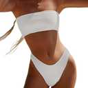 YIMISAN Women's Two Piece Bandeau Swimsuit Ribbed Strapless Tube Bikini Top with Mid Waist Cheeky Bottom Bathing Suit (Medium, White)