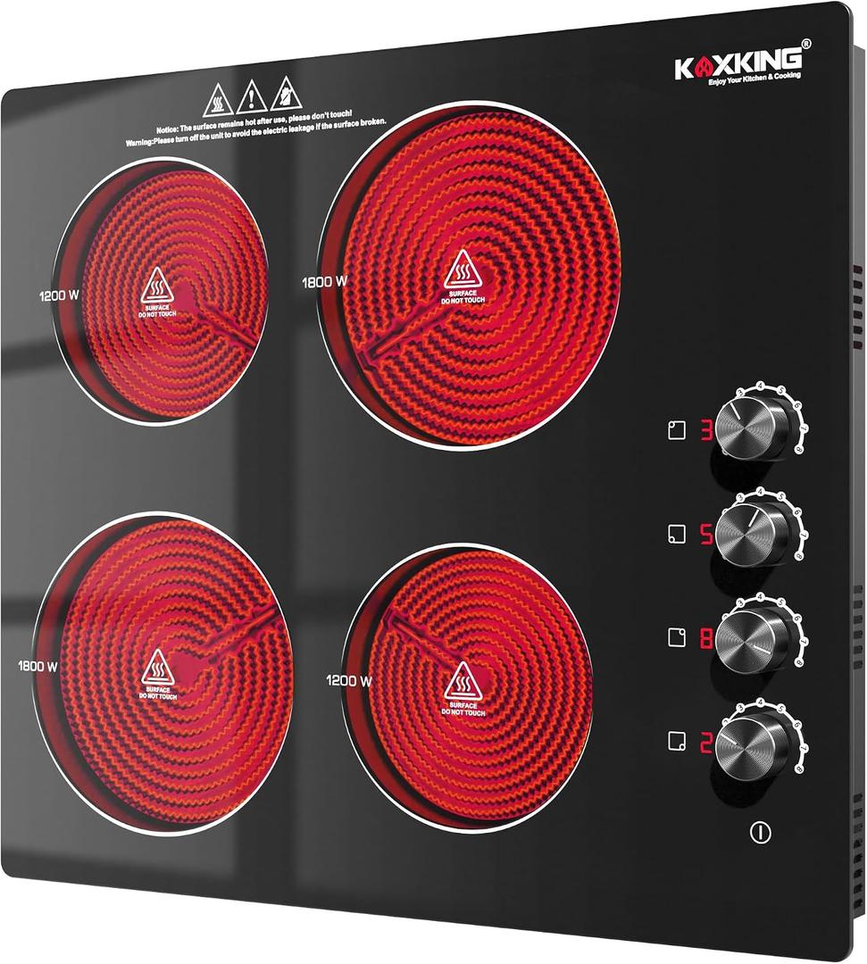 24 Inch Electric Cooktop 4 Burners, 6000W Ceramic Stove Top with Knob Control, 220V-240V Hardwired Built-in Radiant Cooktop, 8 Power Levels, Residual Heat Indicator, Black Glass (No Plug)
