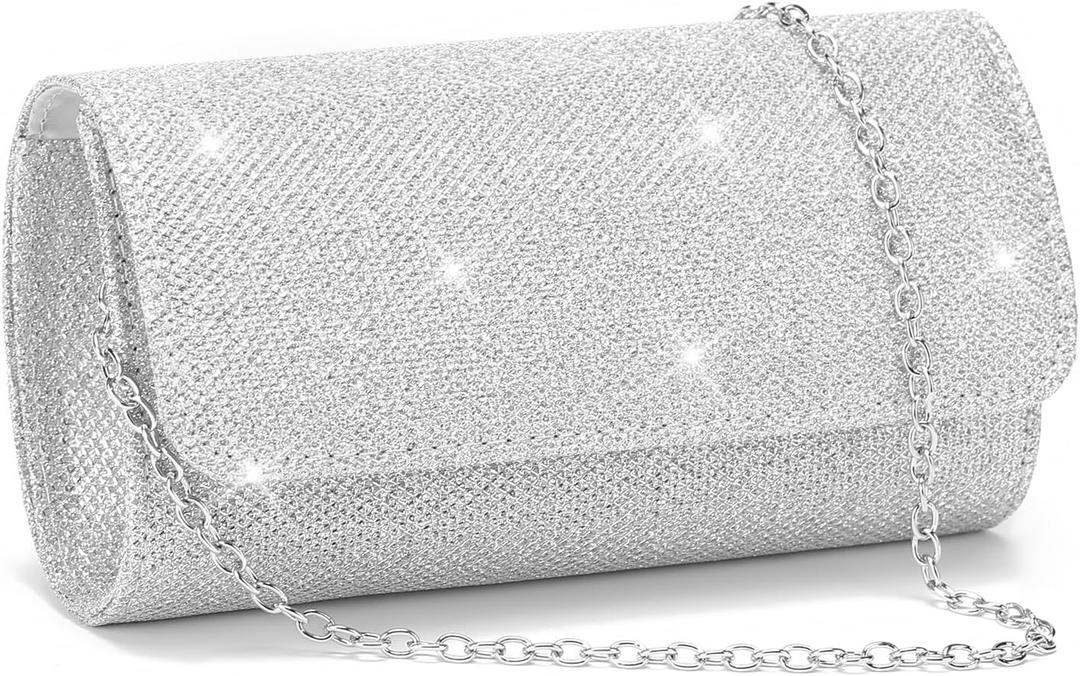 Clutch Purses for Women, Evening Bag with Detachable Chain Ladies Sparkling Party Handbag Wedding Bags (Silver)