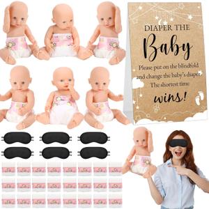 37 Pcs Baby Shower Diaper Changing Game Supplies Including Dolls Blindfold Diapers Cardboard Sign Baby Changing Diaper Race Game Set for Gender Reveal Party (Elegant)