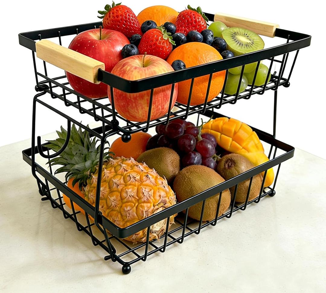 2 Tier Fruit Basket for Kitchen Counter, Large Fruit Holder with 2 Banana Hooks, Detachable Metal Fruit Stand with Wooden Handle, Kitchen Storage Cart,Vegetable Basket, Snack Rack