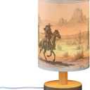 Western Cowboy Bedside Table Lamp for Bedroom Nightstand, Small Eye Care LED Desk Reading Lamp USB Port Wood Base Round Flaxen Fabric Shade for for Kids Room Living Room Office Desk
