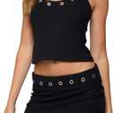 Women's 2 Piece Outfits Ribbed Eyelet Halter Crop Top Matching Bodycon Mini Skirt Skort Set Casual Vacation Club Going Out, M