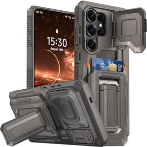 AMILIFECASES for Samsung Galaxy S26 Ultra Wallet Case with Card Holder & Kickstand & Full Camera Lens Cover, Military Grade Drop Shockproof Rugged Phone Case for S26 Ultra 6.9'', Gray
