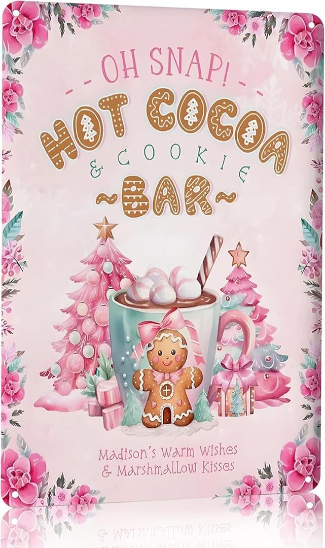 Joyline Vintage Pink Christmas Decor Gifts Rustic Hot Cocoa Cookies Bar Gingerbread Tin Sign for Home Farmhouse Kicthen Cafe Bar Wall Decor 8 x 12 inches (3237)