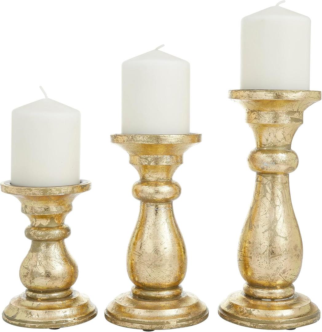 Deco 79 Mango Wood Decorative Candle Holder Turned Style Pillar Candle Stand, Set of 3 Candlestick Holder 10", 8", 6"H, Gold (3 PIECES SMALL SIZE)