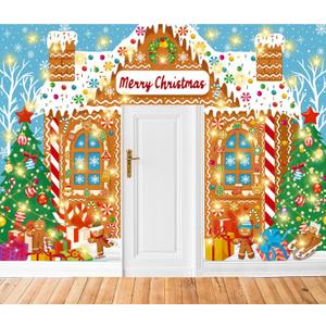 3 Pcs 157 Inch Christmas Gingerbread House Door Covers Decorations for Classroom Large Gingerbread Door Banner with String Light Xmas Candy Porch Sign for Holiday Party Home Decor