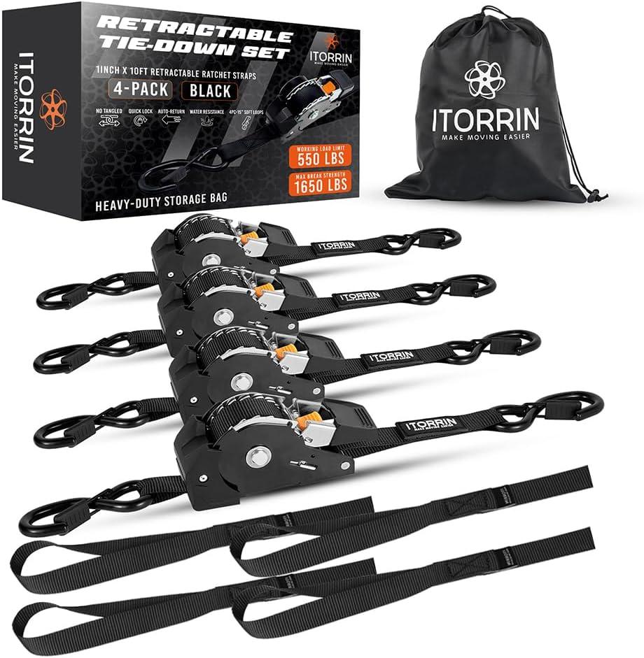 Retractable Ratchet Straps(4 PK)- 1 Inch x 10 Feet (1,650lb Break Strength)-Self Retracting Tie Down Straps for Motorcycle, ATV, Truck, Cargo, Appliance & More -Black + 4 PK Soft Loops