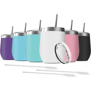 6 Pack 12 oz Stainless Steel Wine Tumbler with Lids, Double Wall Vacuum Insulated Travel Cup Including 6 Straws Set for Coffee, Cocktail, Drink, Tea and Beer (Assorted Colors)