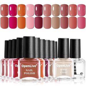 OpenLive 12Pcs Rose Nail Polish Set with Base and Top Coat Burgundy Dark Wine Cherry Red Hot Pink Fingernail Polish Kit Air Quick Dry Regular Finger Nail Polish Pack for Women Gift Holiday 5ML
