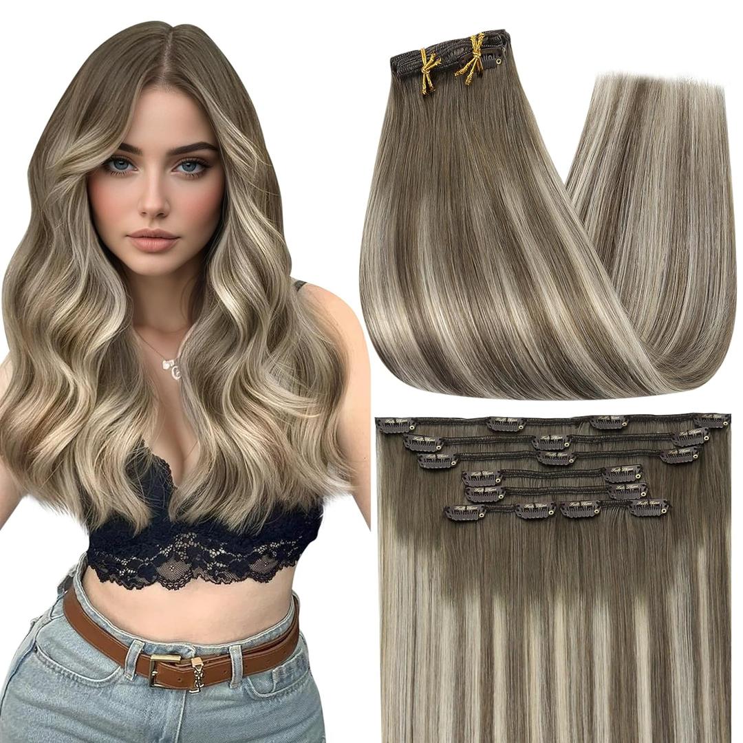 Full Shine Clip in Human Hair Extensions 20 Inch Seamless Clip in Extensions Straight Remy Hair Cool Ash Brown Ombre Highlight Blonde Hair Extensions Clip ins 7 Pcs 120g