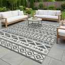 Outdoor Rug Geometric Black and White 9x12 Waterproof | Extra Large Reversible Plastic Straw Outdoor Patio Rug 0.13" Thick for Big Space