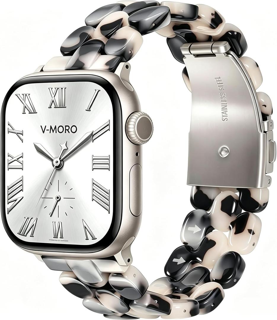 V-MORO Resin Band Compatible with Apple Watch 46mm/45mm/44mm/42mm Women Fashion Dressy Strap Bracelet lightweight Cute Wristband for iWatch Bands Series 11 10 9 8 7 6 5 4 3 2 1 SE2/3(Black Floral) (Tortoise Stone Flower)