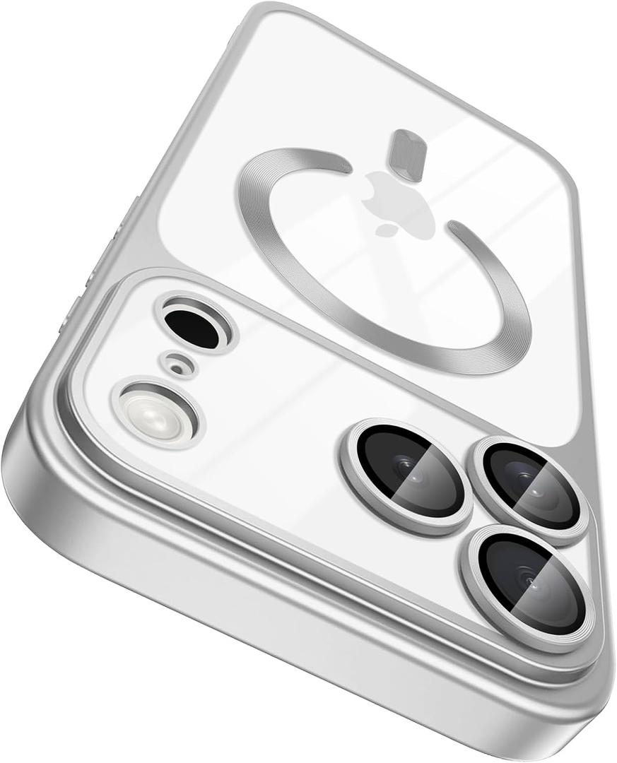 Silver for iPhone 17 Pro Max Case Clear Compatible with MagSafe | Magnetic Slim Cover Phone Case, Scrachproof Camera Control Button & Lens Protector, Non-Yellowing Matte Shockproof Plated TPU
