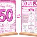 50th Birthday Party Decorations for Women, Sweet Pink Glitter in 1975 Birthday Decor Poster Acrylic Table Sign, 50th Birthday Party Supplies, Double-Sided