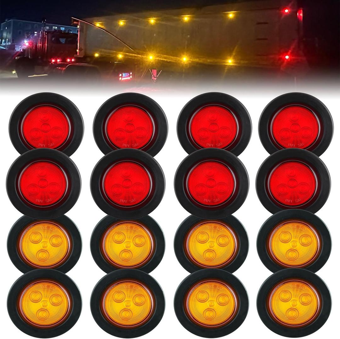 16PCS 2" Inch Round LED Trailer Side Marker Lights 4 LED, (8Amber + 8Red) 2" Round Led Trailer Clearance Marker Lights Grommet Mount w/2 Prong Wire Pigtails IP67 Waterproof Sealed 12V