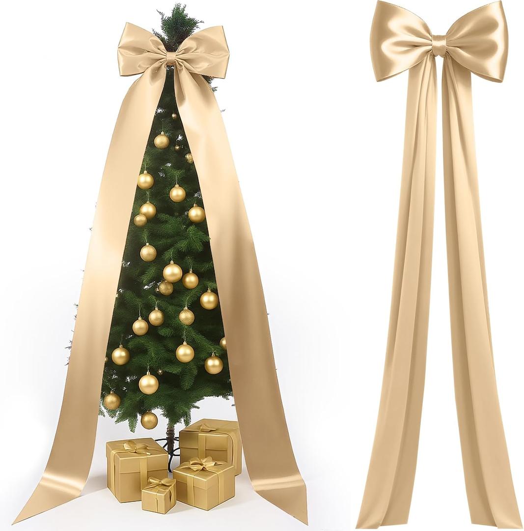 Knitgrip 118x28 Inch Extra Large Valentine's Day Tree Topper Bow Wedding Giant Satin Bow Decoration with Long Streamers Huge Oversized Topper Decor for Tree Holiday Party Door Wall (Champagne, Satin)