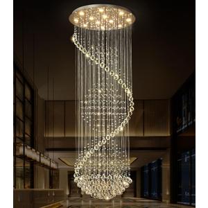 cenozo Crystal Chandelier High Ceiling Chandeliers for Staircaes Large Raindrop Chandeliers LED Dimmable Light Fixtures for Foyer Hallway Entryway LED Bulbs Included 98'' (D32'' x H100'' Silver)